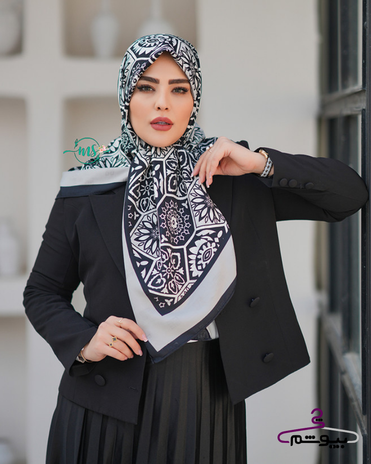 روسری ابریشم ژاکارد طرح اسلیمی جیوانجی رنگ مشکی طوسی